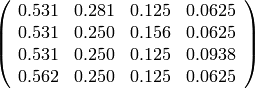 \left(\begin{array}{rrrr}
0.531 & 0.281 & 0.125 & 0.0625 \\
0.531 & 0.250 & 0.156 & 0.0625 \\
0.531 & 0.250 & 0.125 & 0.0938 \\
0.562 & 0.250 & 0.125 & 0.0625
\end{array}\right)