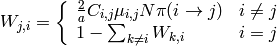 W_{j, i} = \left\{ \begin{array}{ll}  \frac{2}{a} C_{i, j} \mu_{i, j} N \pi (i \rightarrow j) & i \neq j\\  1 - \sum_{k \neq i} W_{k, i} & i = j\end{array} \right.